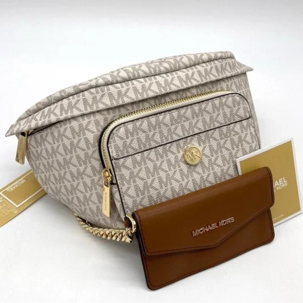 Michael Kors Cream and Brown Crossbody Bag with Monogram Print
